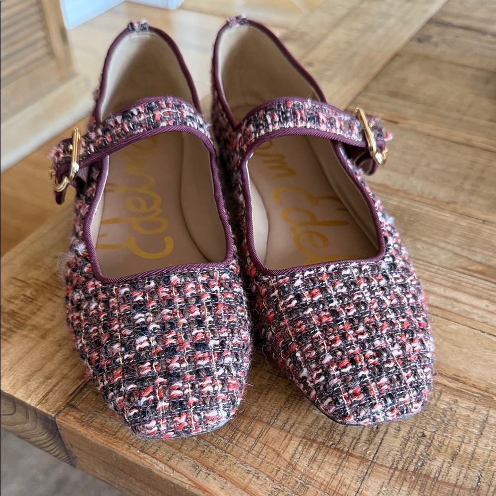 Sam Edelman Tweed Mary Jane Flats in Burgundy and Pink